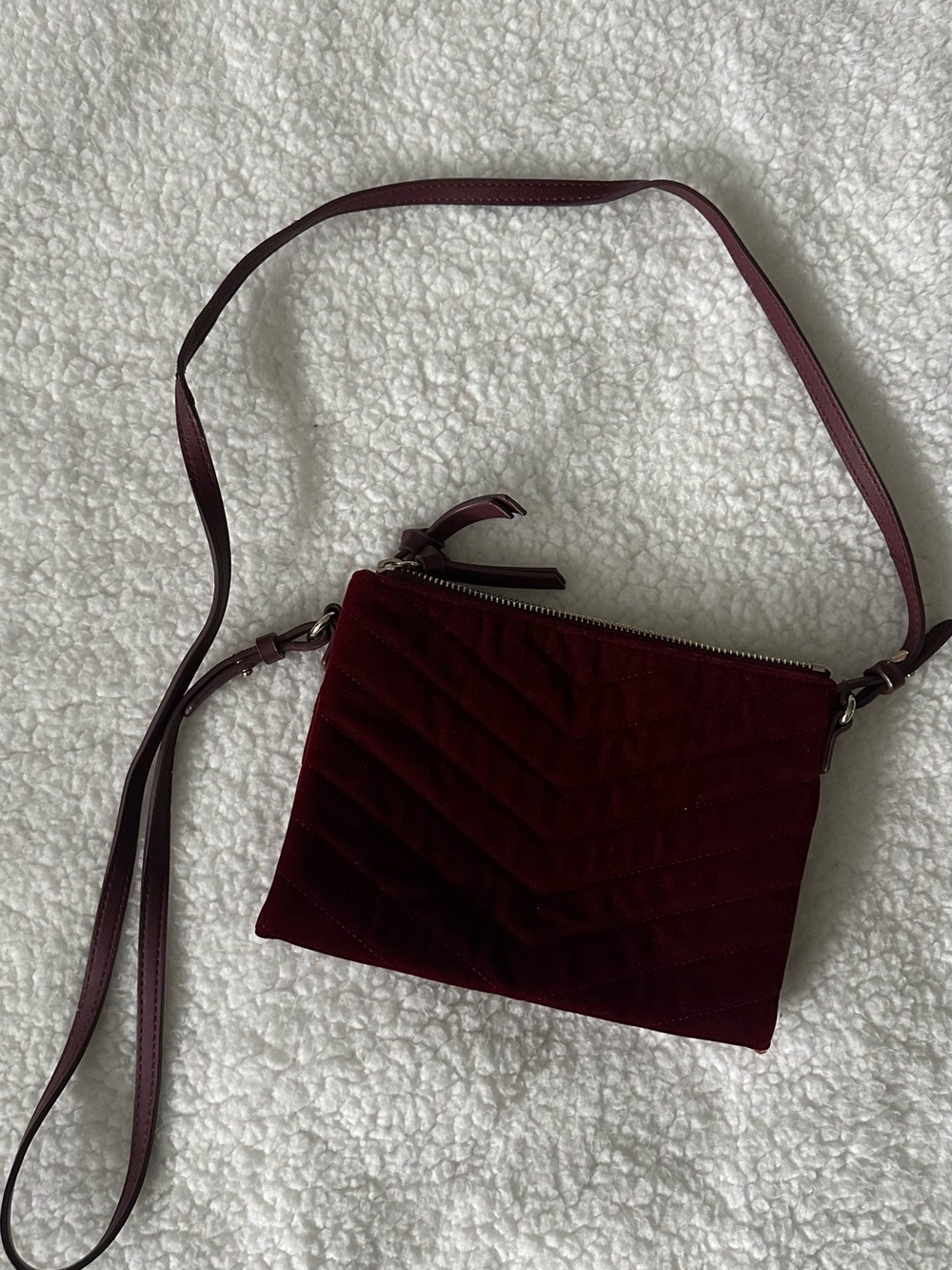 Burgundy Quilted Velvet Crossbody Bag